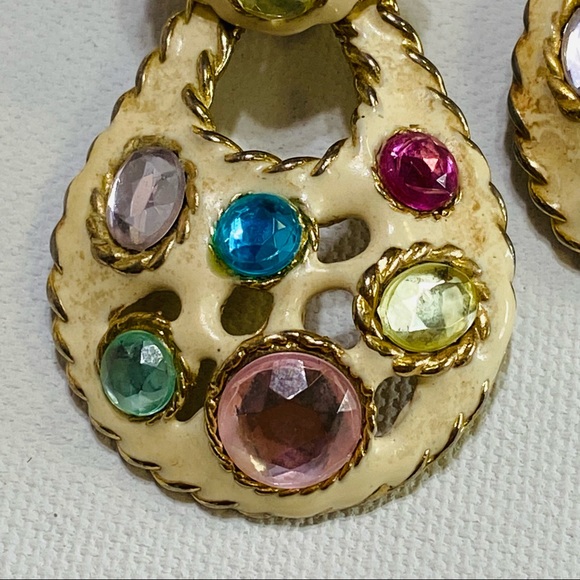 VINTAGE GORGEOUS DROP RHINESTONE STATEMENT COLORFUL COSTUME CLIP ON EARRINGS - Picture 3 of 12